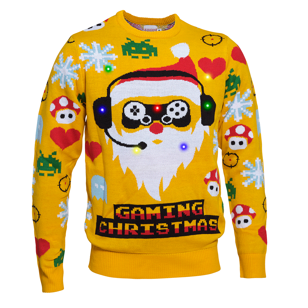 Un maglione natalizio giallo a tema gamer.